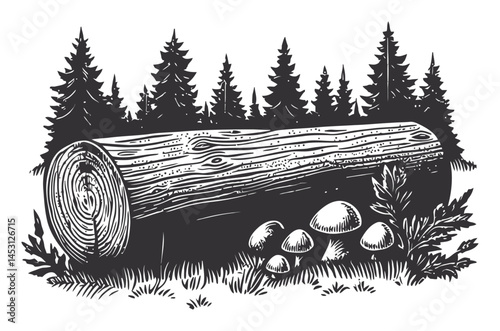 Rustic Log with Mushrooms and Pine Trees in Black and White Illustration