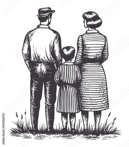 Family Looking Away in Vintage Style Vector Illustration Art