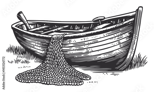 Wooden Boat with Fishing Net on Grass Vector Illustration Design