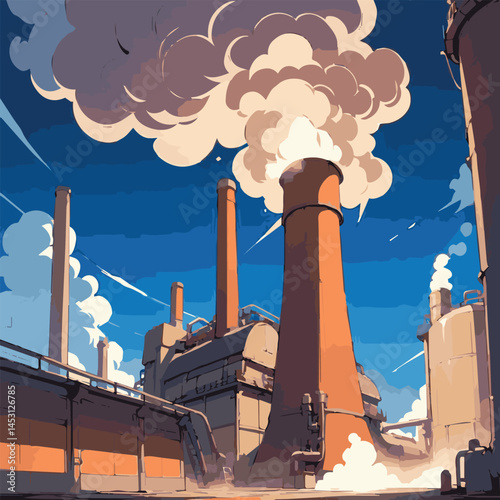 Industrial Cityscape Vector Illustration – Factory Buildings with Chimneys Emitting Smoke, Urban Skyline Featuring Manufacturing Plants, Power Stations, Infrastructure, Pollution, and Industrial  