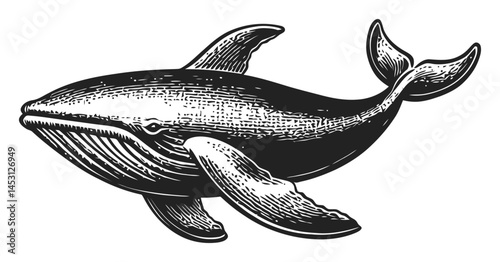 Vintage Monochrome Illustration of a Majestic Whale Swimming