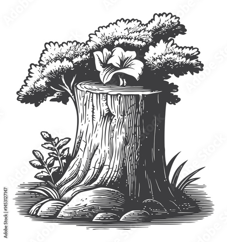 Vintage Style Illustration of Tree Stump with Plants and Flowers