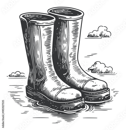 Detailed Vintage Illustration of Rubber Boots by a Water Pool