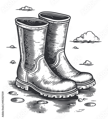Vintage Rubber Boots in Rainy Environment with Water Puddles