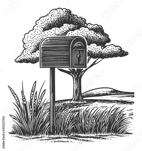 Vintage Black and White Mailbox Illustration in Serene Landscape