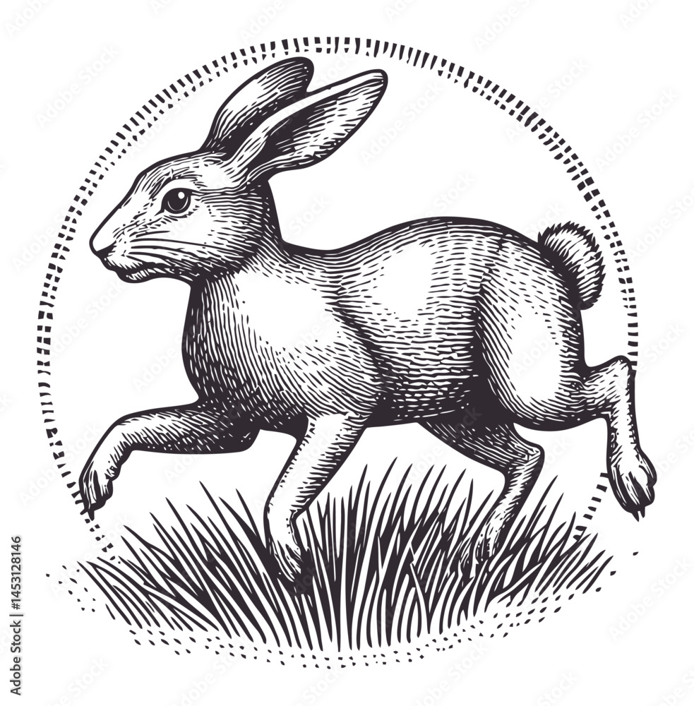 Obraz premium Vintage Style Illustration of a Running Rabbit in Grass