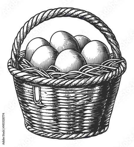 Vintage Basket Filled with Eggs Hand-Drawn Illustration Design