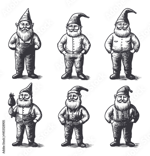Detailed Illustration of Six Unique Gnome Characters in Black and White