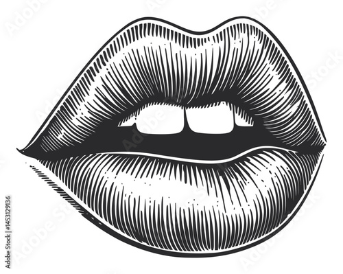 Detailed Vintage Illustration of Open Lips with Bold Lines and Shading