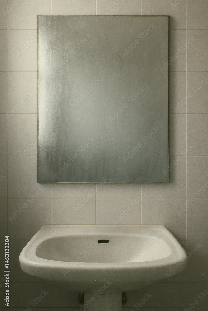 Bathroom sink and foggy mirror with muted morning light and calm mood