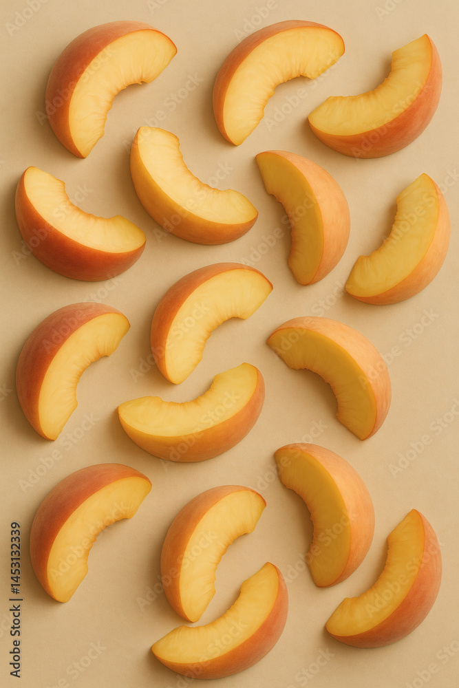 Sliced peach fruit pattern on beige background in minimal flat lay style