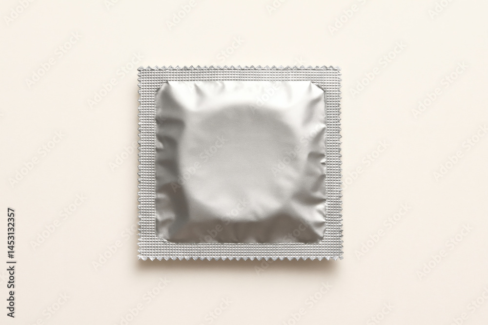 Single condom in silver packaging on clean white background for safe sex concept