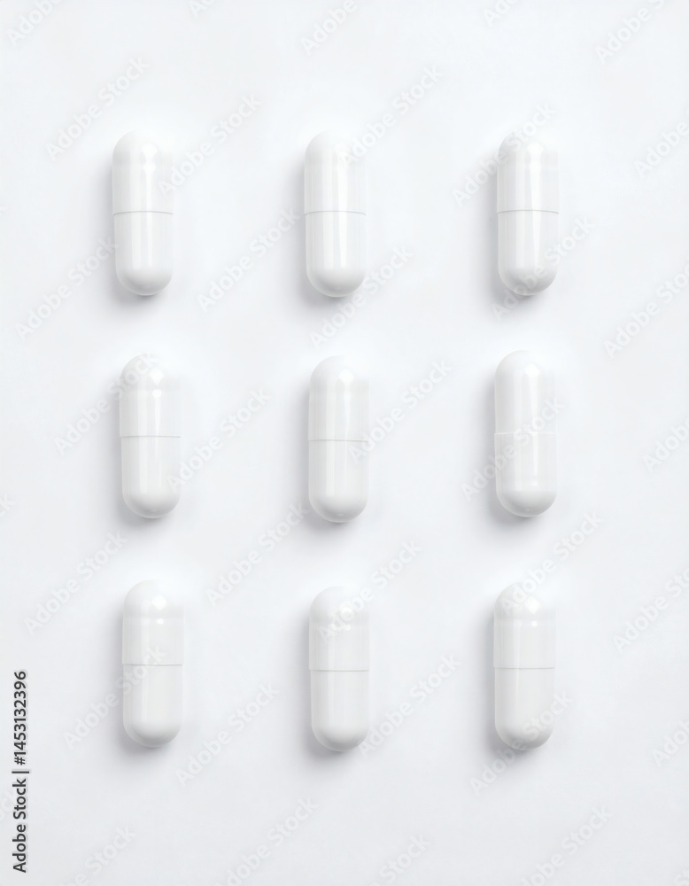 White capsules arranged in minimalist vertical pattern on clean background