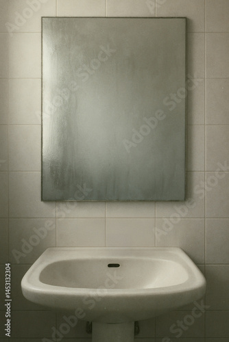 Obraz na płótnie Bathroom sink and foggy mirror with muted morning light and calm mood w salonie