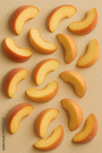 Obraz na płótnie Sliced peach fruit pattern on beige background in minimal flat lay style w salonie