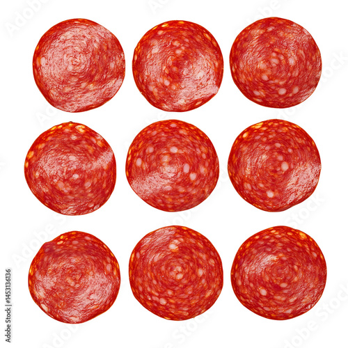 Delicious, round pepperoni slices arranged in a grid, ready for cooking. A close-up shot highlights the texture and color of the pepperoni