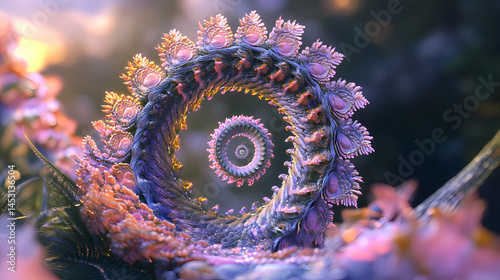 Eternal spiral: genetically modified flower installation. [Fractal Eden] | Spiral Bloom | looping flora. Illustration