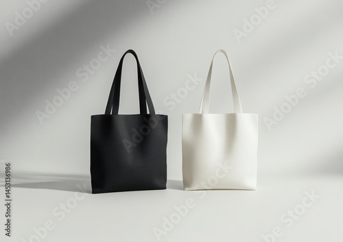 Two plain tote bags, one black and one white, are displayed side by side on a neutral gray background,

 photo