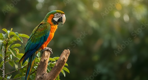 Colorful Macaw Parrot Perched on Tree in Tropical Jungle Wildlife Scene