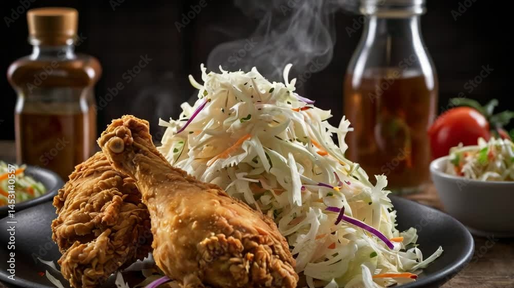 Fried chicken with coleslaw and drink