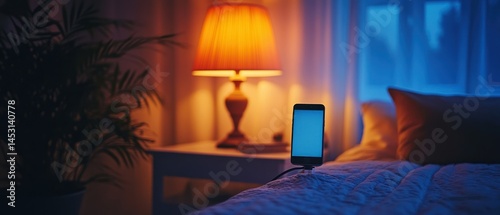 Smartphone sits plugged in on bed, illuminated by bedside lamp, suggesting late night screen time in relaxing bedroom.