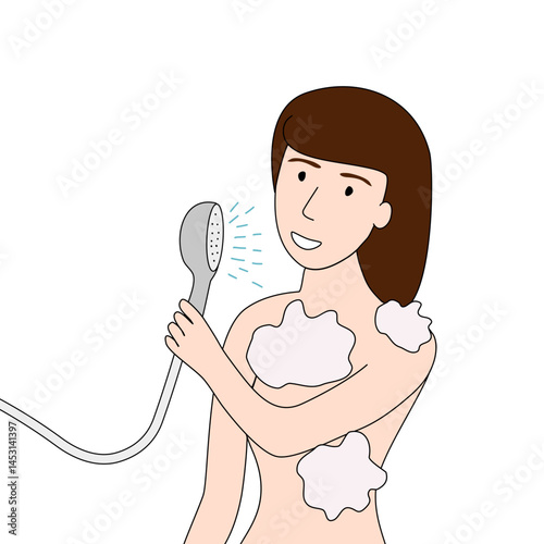 Happy woman with long brown hair taking a shower with soap suds on her body, vector