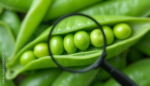 Exploring fresh green peas through a magnifying glass close-up shot