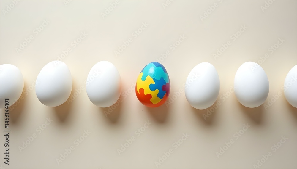 One multicolored egg among white eggs on neutral background, conceptual minimalism for autism and neurodiversity awareness One multicolored egg among white eggs on neutral background, conceptual minimalism for autism and neurodiversity awareness