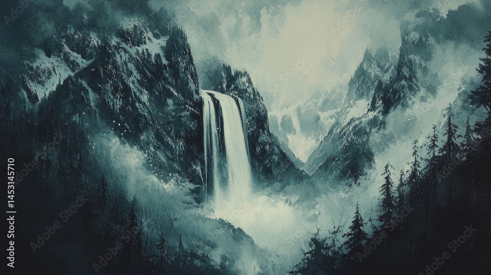 Majestic waterfall cascading through a misty mountain valley. Majestic waterfall cascading through a misty mountain valley.