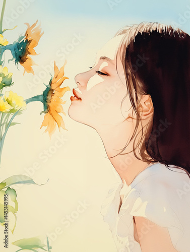 ひまわりを持つ女性