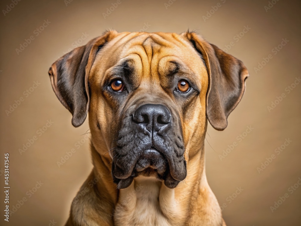 Obraz premium Boerboel Dog Portrait: Close-Up of Friendly Brown Dog Against Light Background