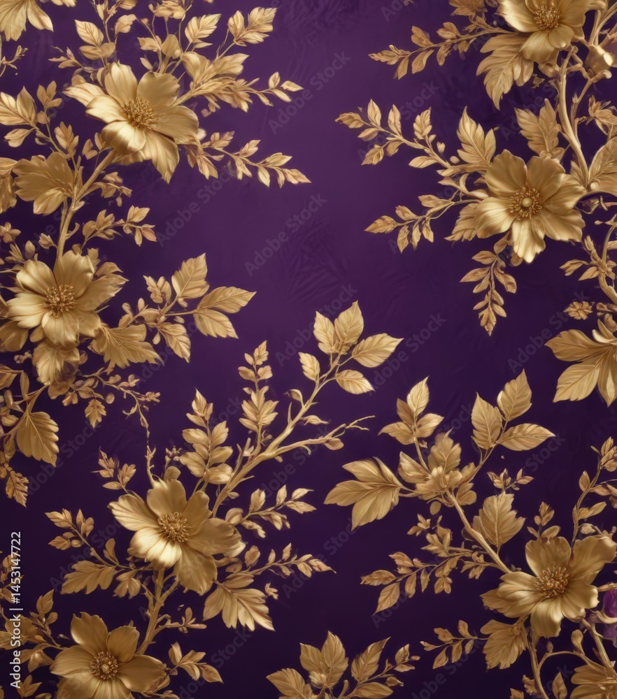 Elegant gold leaf and blossom design on rich purple royal wallpaper , flower, silk, design