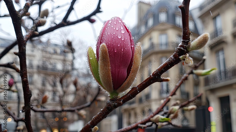 Close-up of a vibrant pink magnolia bud in a city setting. Close-up of a vibrant pink magnolia bud in a city setting.