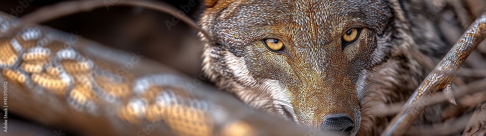 Fototapeta premium Majestic wolf captured in a stunning double exposure image merging wildlife and nature with intricate textures and vibrant colors for creative projects