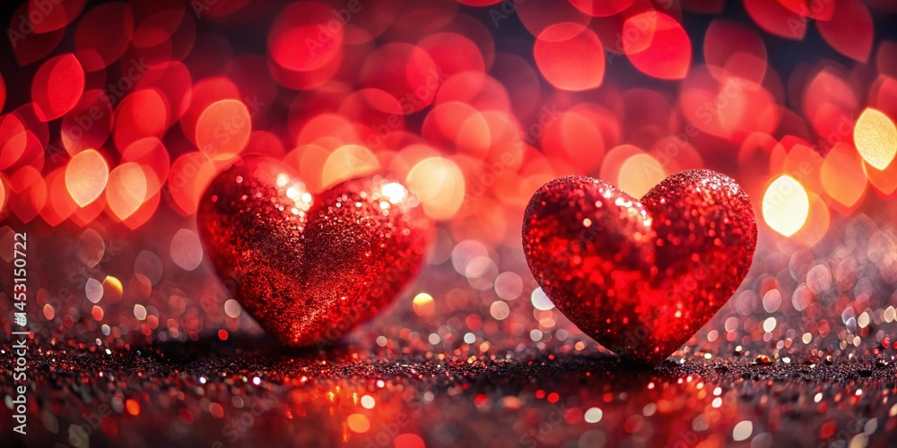 Close-Up Macro Shot of Sparkling Red Hearts, Valentine's Day, Festive Background Close-Up Macro Shot of Sparkling Red Hearts, Valentine's Day, Festive Background