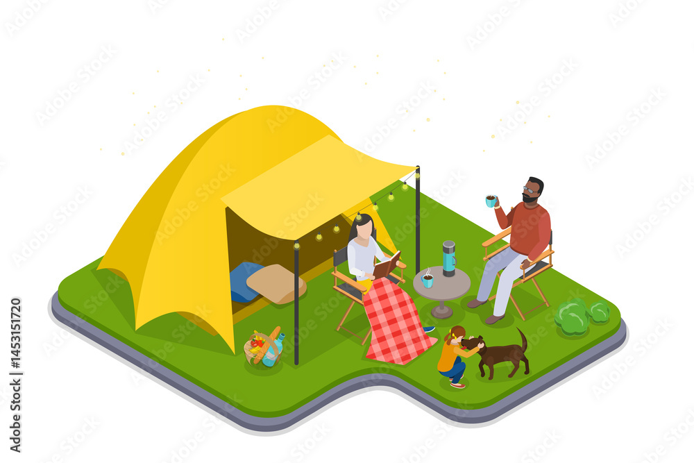 Fototapeta premium 3D Isometric Flat Illustration of Glamping, Glamour Camping