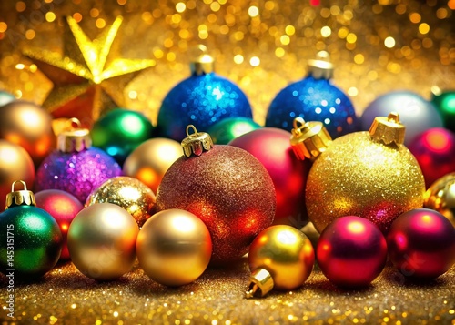 Colorful Christmas Baubles & Star on Golden Glitter Background - Festive Holiday Stock Photo