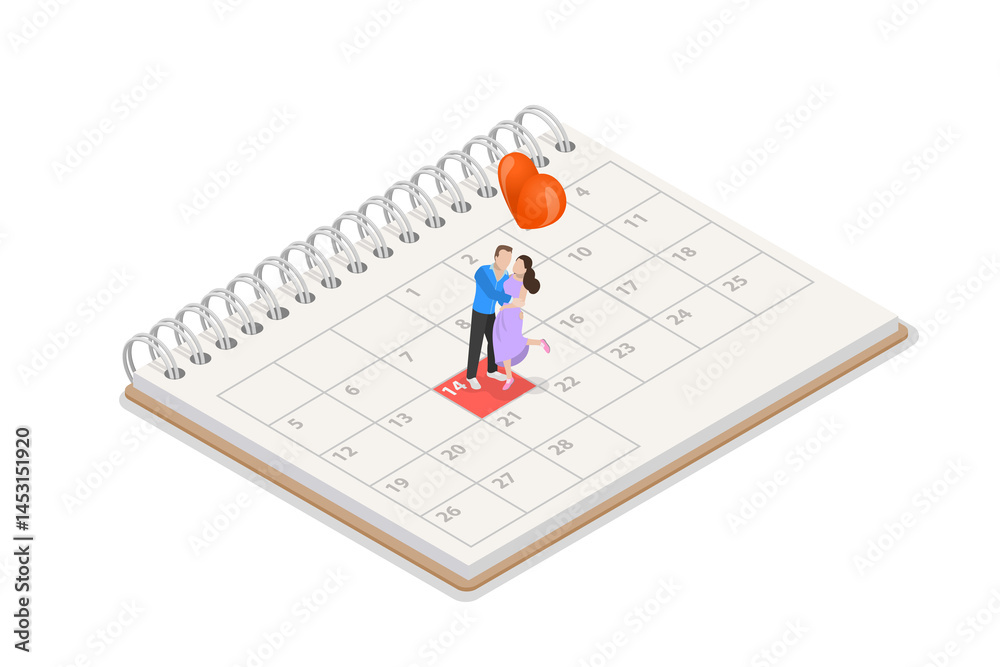 3D Isometric Flat Illustration of Schedule Of Events, Miniature Couple With Heart Shape on Calendar 3D Isometric Flat Illustration of Schedule Of Events, Miniature Couple With Heart Shape on Calendar