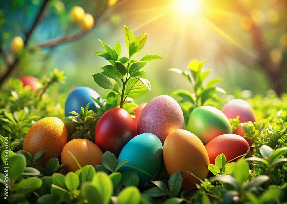Colorful Easter Eggs Nestled in Spring Greenery - Festive Holiday Decoration Stock Photo Colorful Easter Eggs Nestled in Spring Greenery - Festive Holiday Decoration Stock Photo