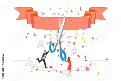 Wallpaper Mural 3D Isometric Flat  Illustration of Start New Business, Businesspeople Cuting Ribbon to Celebrate Launching of a New Company Torontodigital.ca