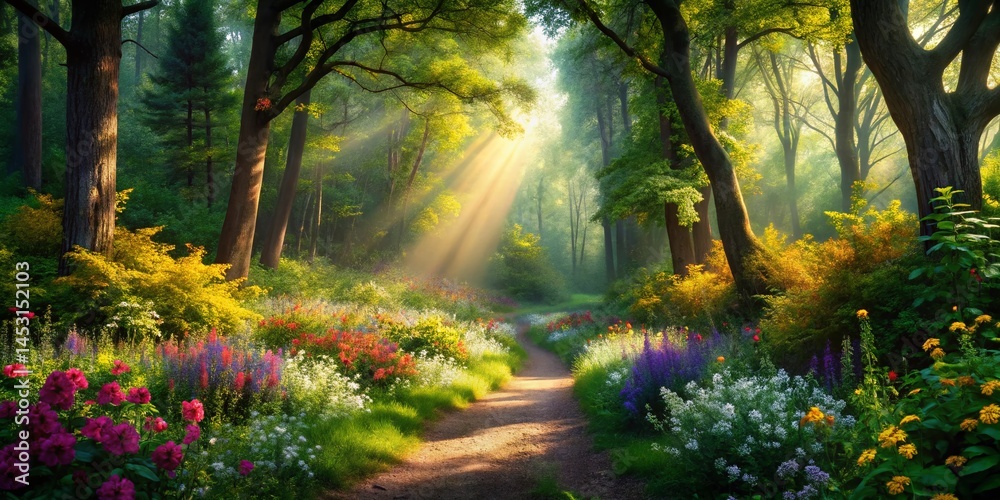 Fototapeta premium Colorful Forest Path Leading Through Lush Green Trees and Vibrant Flowers