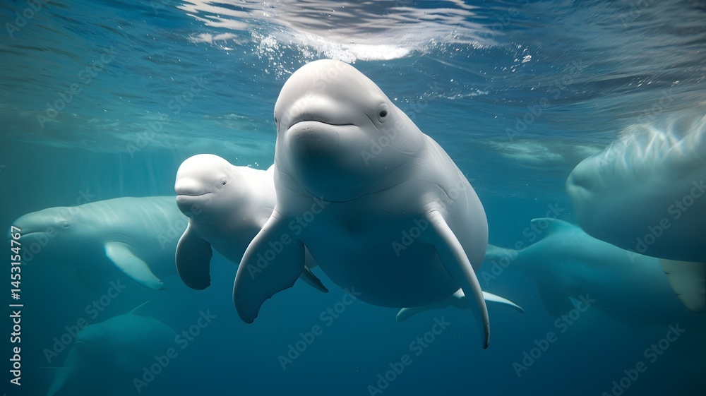 Naklejka premium A beluga whale and her calf swim together in a pod, their white bodies contrasting beautifully against the deep blue water.