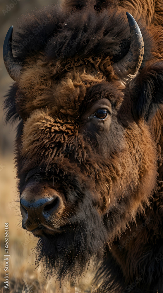 Fototapeta premium Woolly Bison Head with Intense Expression