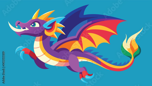 Colorful vector illustration of a cartoon dragon with vibrant wings soaring across a purple background in a playful, whimsical style