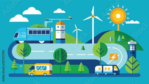Vector illustration depicting a modern sustainable city with renewable energy sources, including wind turbines and public transport options