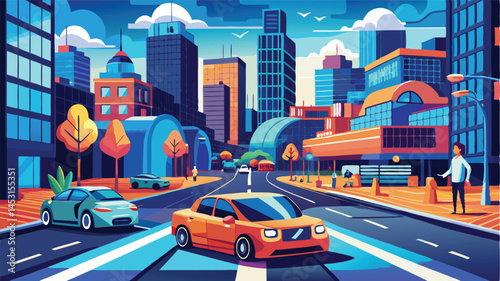 Vector illustration of bustling cityscape featuring a taxi navigating through a modern urban environment with high-rise buildings during sunset