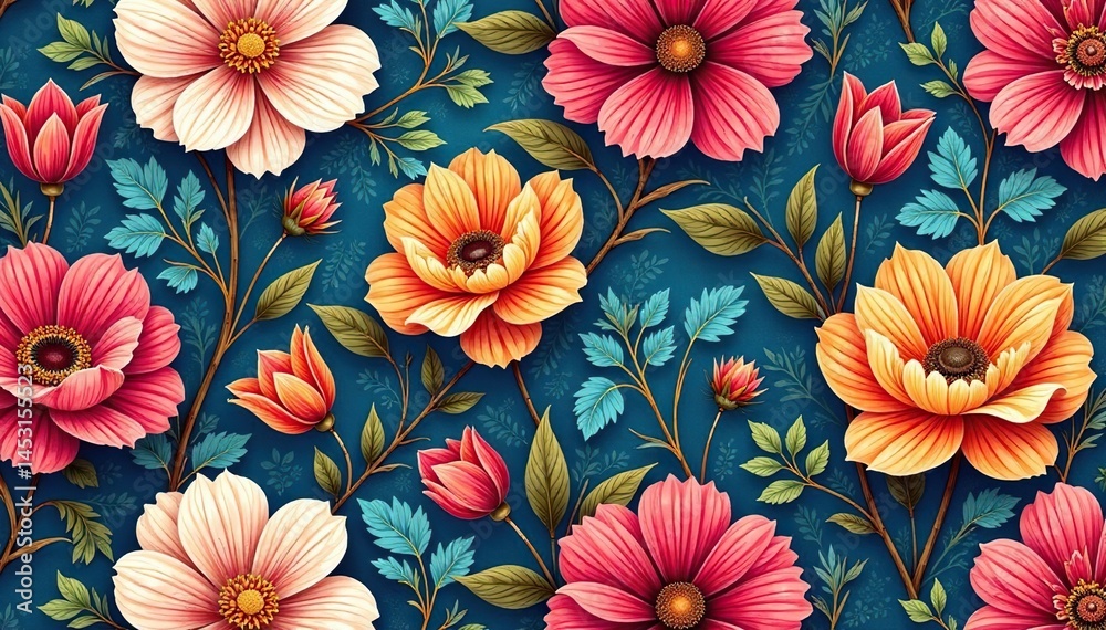 Intricate floral design, repeating seamlessly for textile prints, floral, surface, bloom Intricate floral design, repeating seamlessly for textile prints, floral, surface, bloom