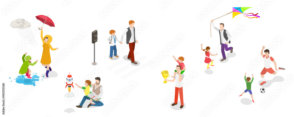 3D Isometric Flat Illustration of Positive Parenting Tips, Kid Growing in Loving Family 3D Isometric Flat Illustration of Positive Parenting Tips, Kid Growing in Loving Family