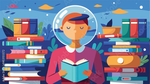 Young reader exploring knowledge underwater with books surrounded by colorful fish in a whimsical vector illustration