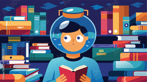 Young reader exploring knowledge underwater with books surrounded by colorful fish in a whimsical vector illustration